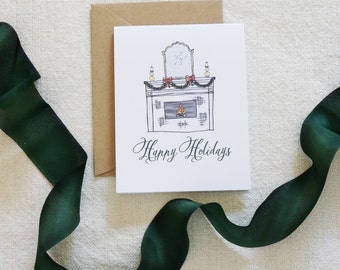 Fireplace Christmas Card, Holiday Card, Watercolor Card