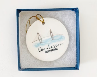 Charleston Ornament, Ravenel Bridge Ornament, Mt Pleasant SC, Christmas Ornament, Charleston Gift, Personalized Gift, Holiday Gift, Under 25