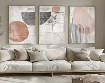Set van 3 abstracte wandkunstwerken – moderne boho-posters – minimalistische vormen in terracotta en grijs – ingelijste wanddecoratie A3/A4 – trio kunstset