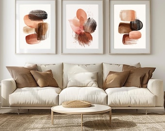 Terracotta penseelstreken • Boho wanddecoratieset van 3 • Abstracte posters in warme natuurlijke tinten • A4 A3 - met lijst