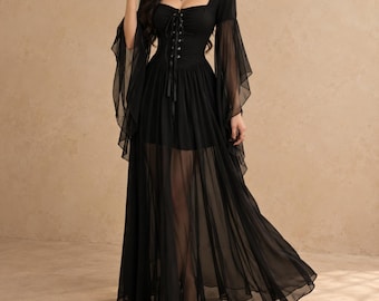 Black Gothic Lace Up Dress, Chiffon Bell Sleeve Midi, Square Neck Corset Gown, Witchy Vampire Halloween Costume, Whimsigoth Wedding Guest