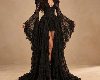 Schwarzes Gothic-Hexenkleid aus Spitze, Glockenärmel-Abendkleid mit asymmetrischem Saum, viktorianisches Korsett-Maxikleid, Vampir-Halloweenkostüm, Renaissance-Fest-Hochzeitskleid
