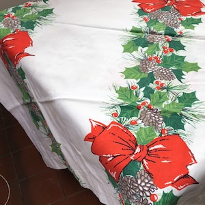 Christmas Tablecloth Red Bows Pinecones Holly Large 53&quot; x  89&quot; VINTAGE by Plantdreaming