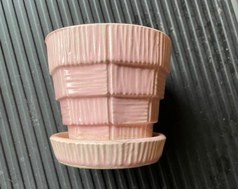 McCoy Pottery 3 inch Pink Basket Weave Planter attached saucer Ohio VINTAGE by Plantdreaming