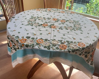 Tablecloth Simtex Blue edge Orange Roses 52" x 61" 1950s VINTAGE by Plantdreaming