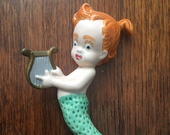 Mermaid Wall Figurine with Harp Red Head VINTAGE by Plantdreaming