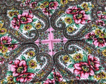 Cotton Scarf Pink Green Paisley Large 32" x 30" VINTAGE by Plantdreaming