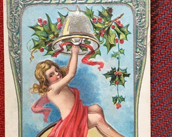 Vintage Postcard Girl with a Bell above a Winter Scene A Happy New Year 1914 Embossed