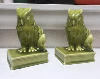 Pair Rookwood Pottery Owl Bookends 1946 #2655 Green VINTAGE by Plantdreaming