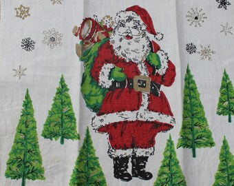Vintage Linen Tea Towel Christmas Santa Claus Trees Mod Mid Century Kitchen