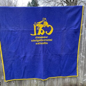May include: A blue blanket with a yellow border and lettering. The blanket features the text "CSI Women's Intercollegiate Athletics" in yellow. A graphic of a person is also in yellow.