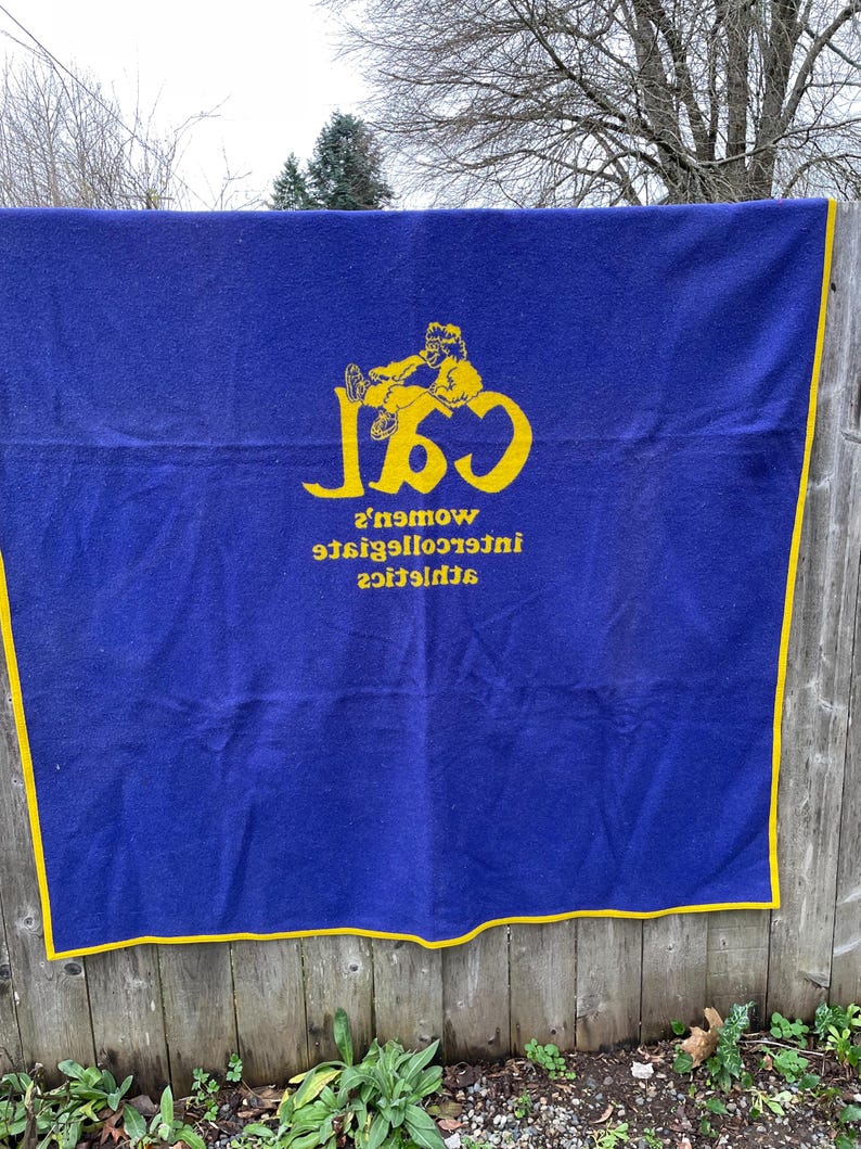 May include: A blue blanket with a yellow border and lettering. The blanket features the text "CSI Women's Intercollegiate Athletics" in yellow. A graphic of a person is also in yellow.
