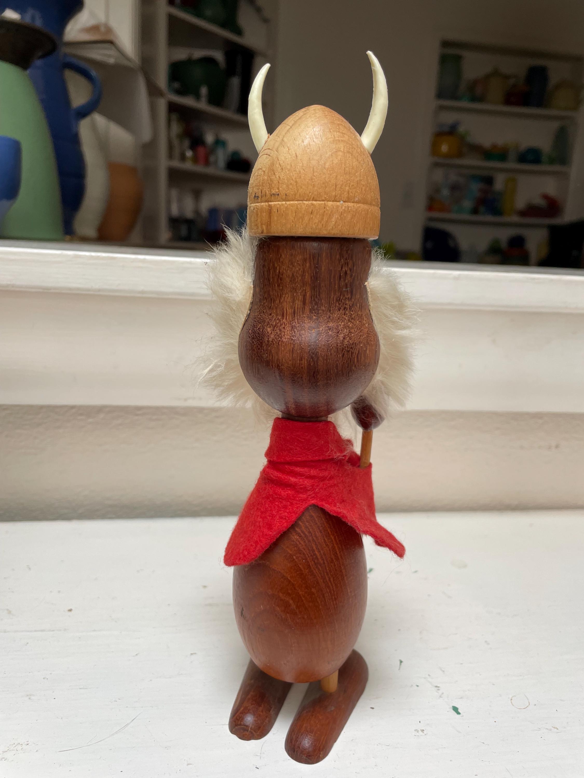 Vintage Viking Figurine Denmark Wooden Teak Fur Handmade 9