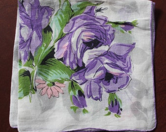 Vintage Handkerchief Purple Roses Pink Daises Mid Century