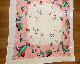 Print Tablecloth Pineapple Cherries Melons Pink Green 44" x 49" VINTAGE by Plantdreaming