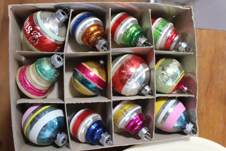 12 Mercury Glass Striped Shapes Christmas Tree Ornaments VINTAGE by Plantdreaming