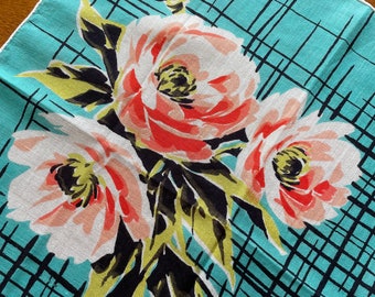 Peony Handkerchief Screen Print Mid Century VINTAGE by Plantdreaming