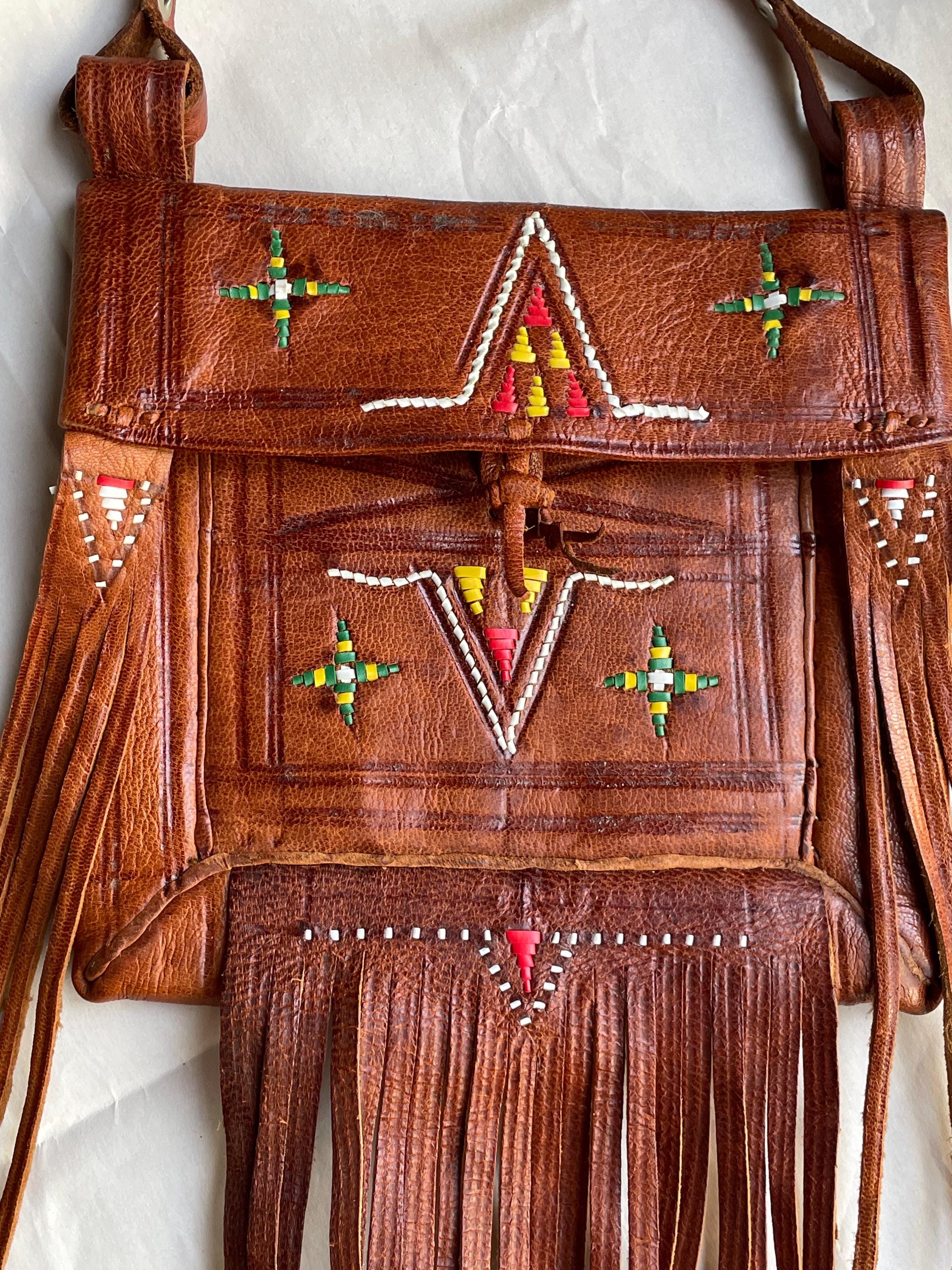 Vintage Tuareg Leather Shoulder Pouch Purse Fringe Maroccan