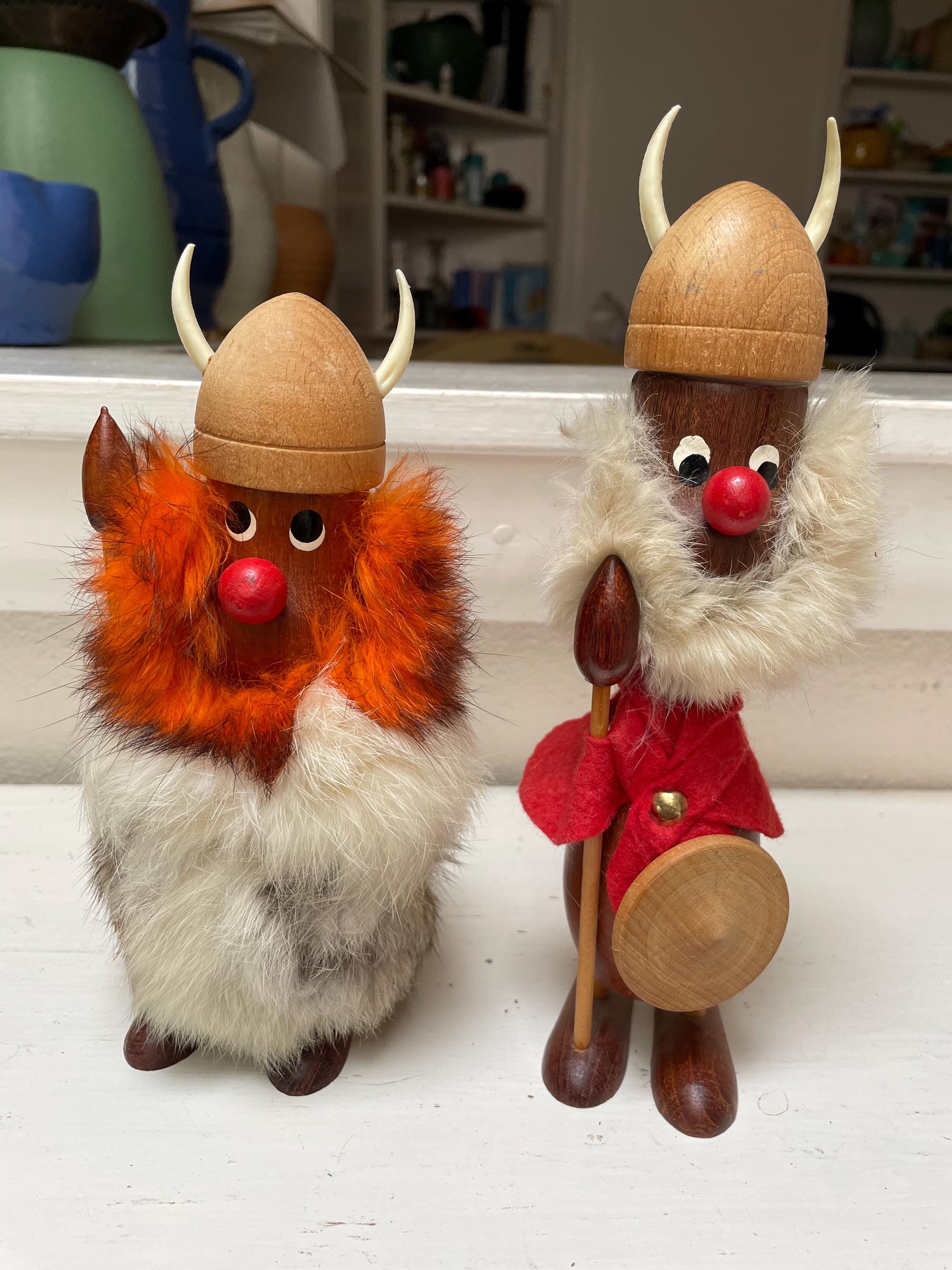 Vintage Viking Figurine Denmark Wooden Teak Fur Handmade 9
