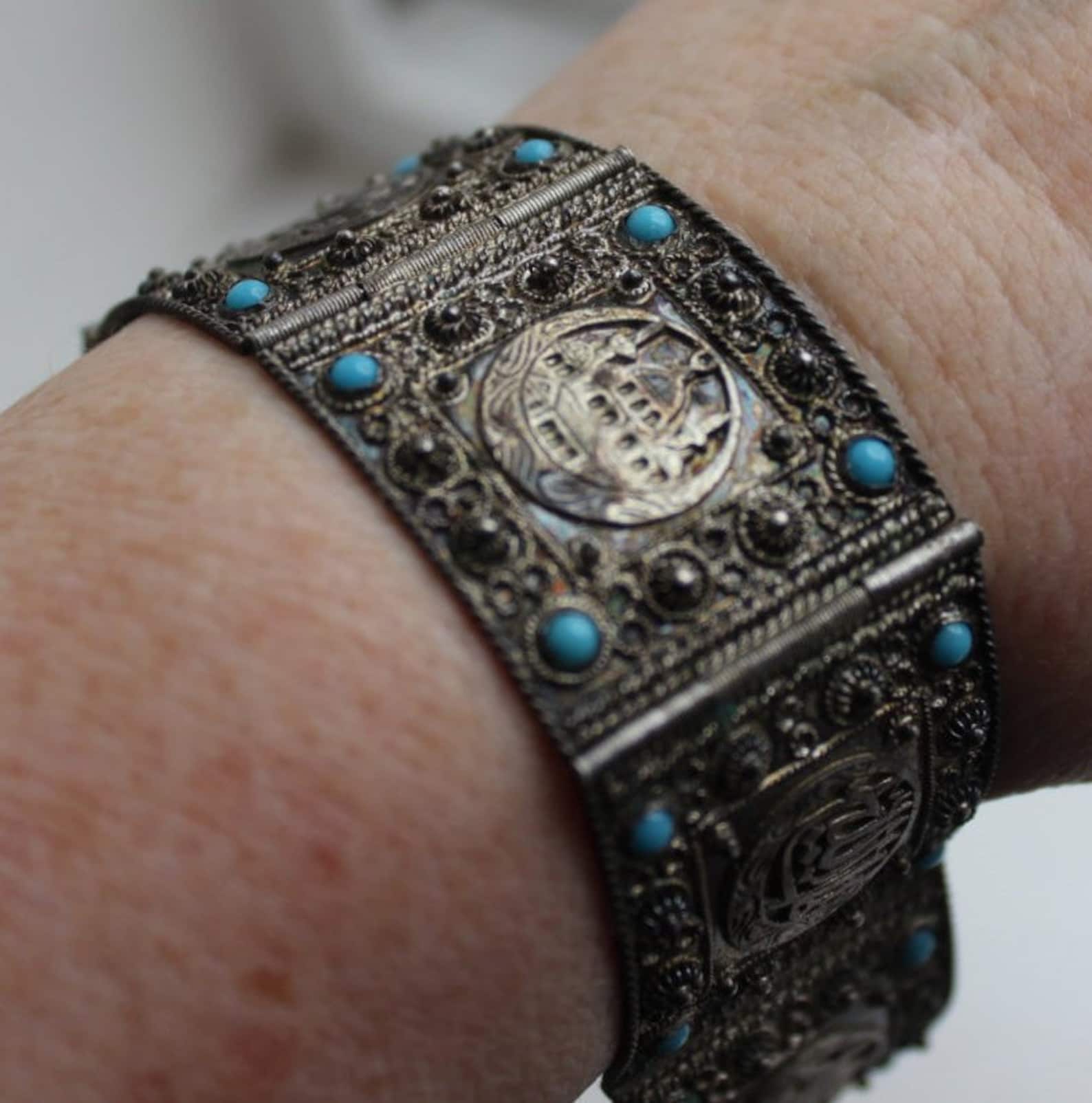 Arabic Panel Bracelet 900 Silver Middle Eastern Turquoise Etsy
