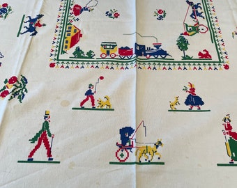 Leacock Prints Tablecloth Train Horse Carriage People with tag  52" x 47"  VINTAGE by Plantdreaming