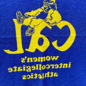 May include: Blue fabric with a yellow graphic of a person and the word "Cal". The text "women's intercollegiate athletics" is also present. The image is a close-up of the fabric.