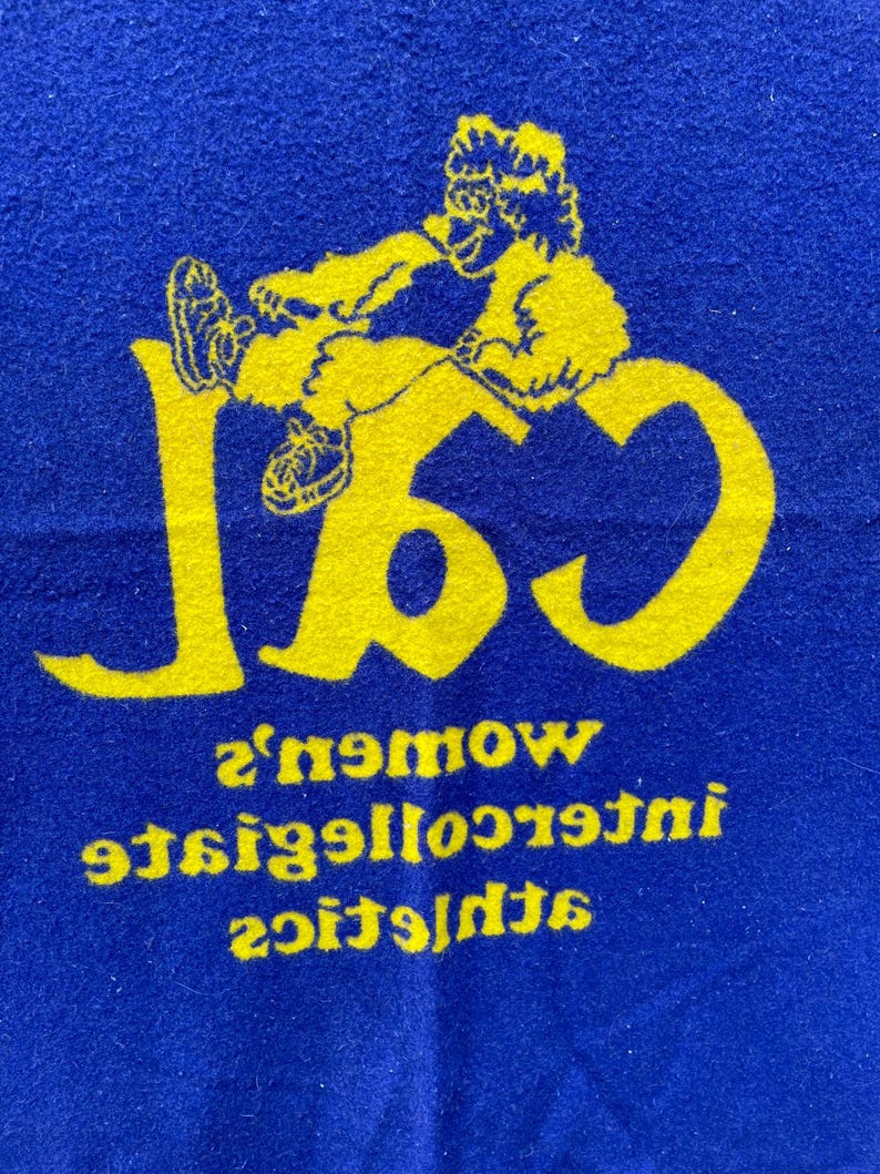 May include: Blue fabric with a yellow graphic of a person and the word "Cal". The text "women's intercollegiate athletics" is also present. The image is a close-up of the fabric.