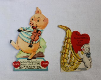 2 Valentines Musical Animals Pig Dog Made in USA Die cut VINTAGE by Plantdreaming