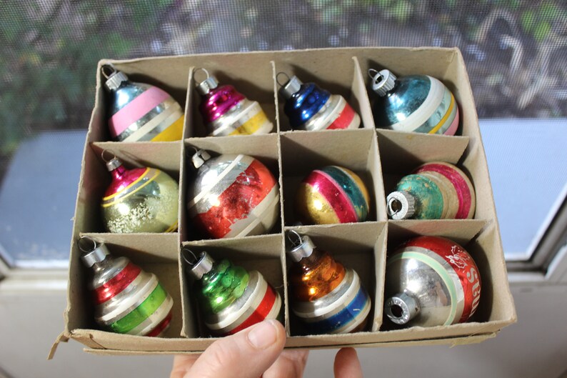 12 Mercury Glass Striped Shapes Christmas Tree Ornaments VINTAGE by Plantdreaming