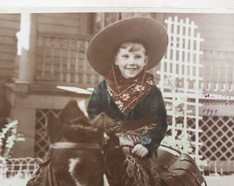 Real Photograph 8" x 10" Cowboy on Horse Child Hand Tinted Wolly Chaps Saddle Bags VINTAGE by Plantdreaming