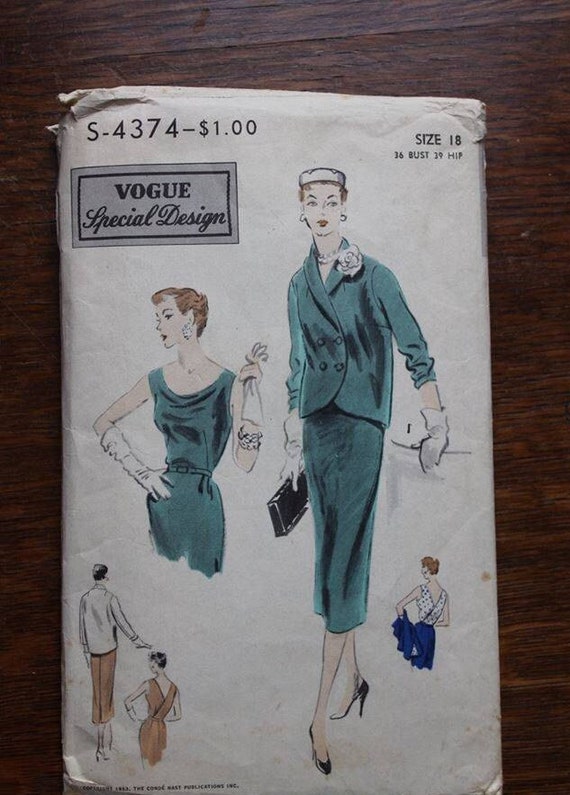 Vintage Vogue Sewing Pattern S-4374 Special Design One Piece Cocktail Dress, Jacket Size 18 Bust 36 Genuine 1950s