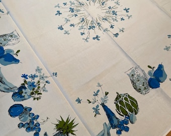 Hand Print Blue Tablecloth 47" x 49" MCM Fruit and Flowers Vase VINTAGE by Plantdreaming