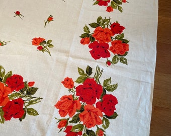 Print Tablecloth Red and Orange Roses 67" x 50" Large VINTAGE by Plantdreaming