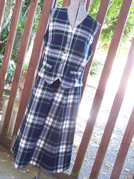 Pendleton Skirt Vest Suit Plaid 1960-1970 Blue Siz