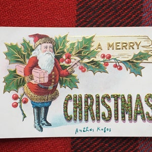 Postcard Santa Claus A Merry Christmas Germany Holly VINTAGE by Plantdreaming