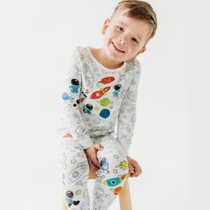 Space Coloring Pajama Gift Set for Kids - Bamboo 2-piece PJs with Permanent Fabric Markers, Creative Keepsake for Boys & Girls
