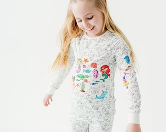 Mermaid Coloring Pajamas Gift Set for Kids - Bamboo 2-Piece PJs with Permanent Fabric Markers, Creative Keepsake for Girls