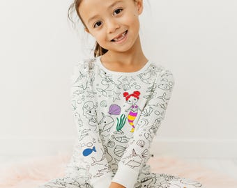 Mermaid Coloring Pajamas Two-Piece Bamboo PJ Set - Fun, Unique Kids Gift Idea for Littles Girls, Boys, Toddlers, Under the Sea Lovers