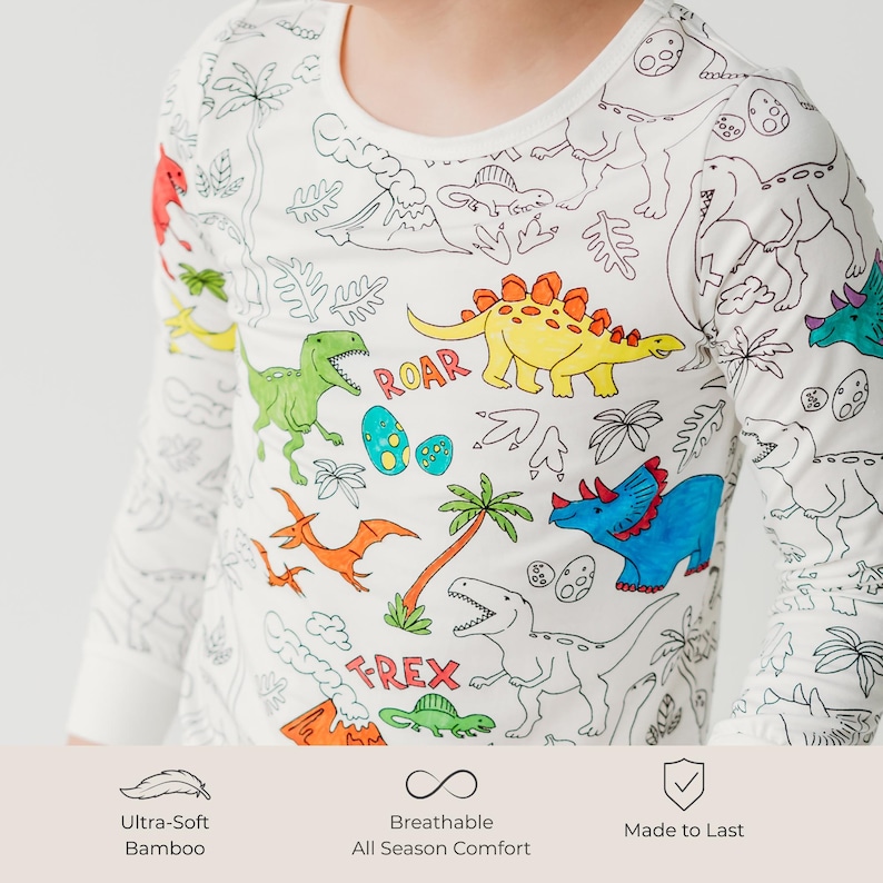 Dinosaur Coloring Pajama Gift Set for Kids - Bamboo 2-piece PJs with Permanent Fabric Markers, Creative Keepsake for Boys & Girls zdjęcie 4