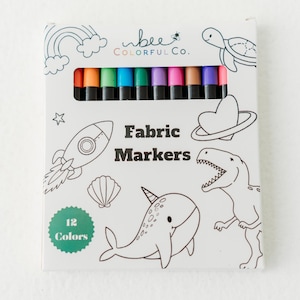 Bee Colorful Co. fabric markers, set of 12 rainbow colors. Permanent, non-toxic fabric pens for kids' coloring pajamas, t-shirts, canvas & fabric crafts. Fine line tips for detailed designs. Fabric markers for clothes, art supplies, and DIY projects.
