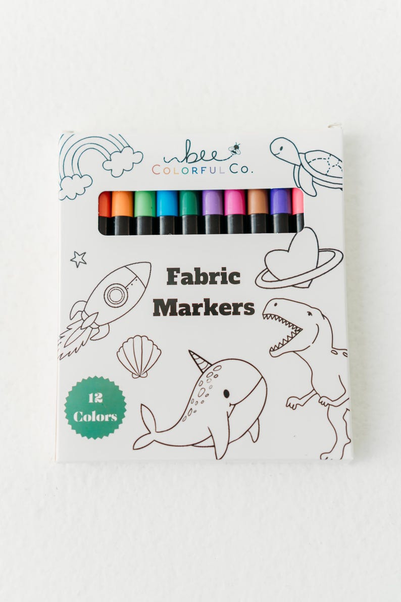 Bee Colorful Co. fabric markers, set of 12 rainbow colors. Permanent, non-toxic fabric pens for kids' coloring pajamas, t-shirts, canvas & fabric crafts. Fine line tips for detailed designs. Fabric markers for clothes, art supplies, and DIY projects.