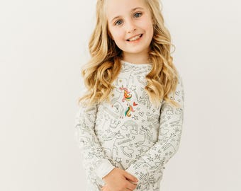 Unicorn Coloring Pajamas for Kids - Bamboo 2-Piece PJs, Fabric Marker Add-On, Color Your Own Pajamas, Creative Gift for Girls
