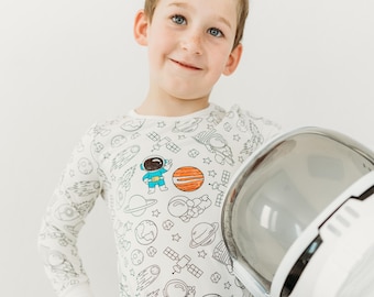 Space Coloring Pajamas Two-Piece Bamboo PJ Set - Fun, Unique Kids Gift Idea for Littles Boys, Girls, Toddlers, and Planet Lovers