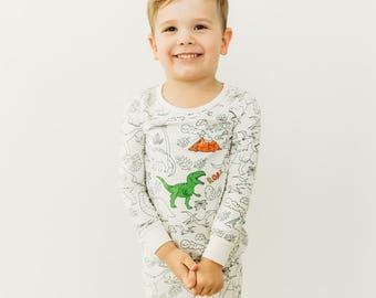 Dinosaur Coloring Pajamas for Kids - Bamboo 2-Piece PJs, Fabric Marker Add-On, Color Your Own Pajamas, Creative Gift for Boys & Girls