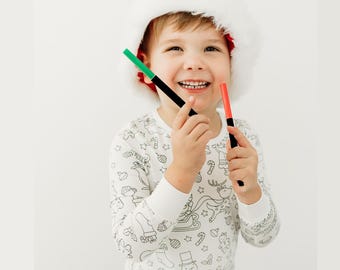 Christmas Coloring Pajamas Gift Set for Kids - Bamboo 2-Piece PJs with Permanent Fabric Markers, Creative Holiday Keepsake
