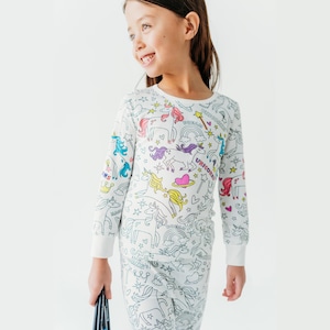 Unicorn Coloring Pajamas Gift Set for Kids - Bamboo 2-Piece PJs with Permanent Fabric Markers, Creative Keepsake for Girls
