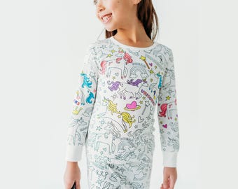 Pijama de unicornio para colorear para niños: pijama de bambú de dos piezas con marcadores de tela permanentes, un recuerdo creativo para niñas.