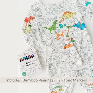 Dinosaur Coloring Pajama Gift Set for Kids - Bamboo 2-piece PJs with Permanent Fabric Markers, Creative Keepsake for Boys & Girls zdjęcie 2