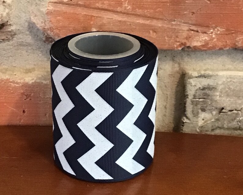 New---3 Inch wide Grosgrain Ribbon--8.5 Yards Roll--Navy Blue and White---GLITTER CHEVRON---USA Designer