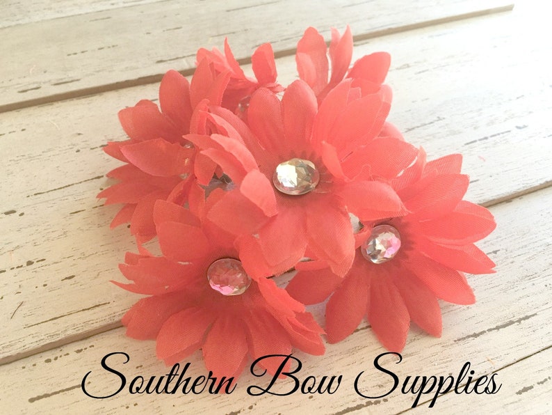 2 inch Gerber Daisy Jeweled Small Silk Flowers---RED---Set of 6